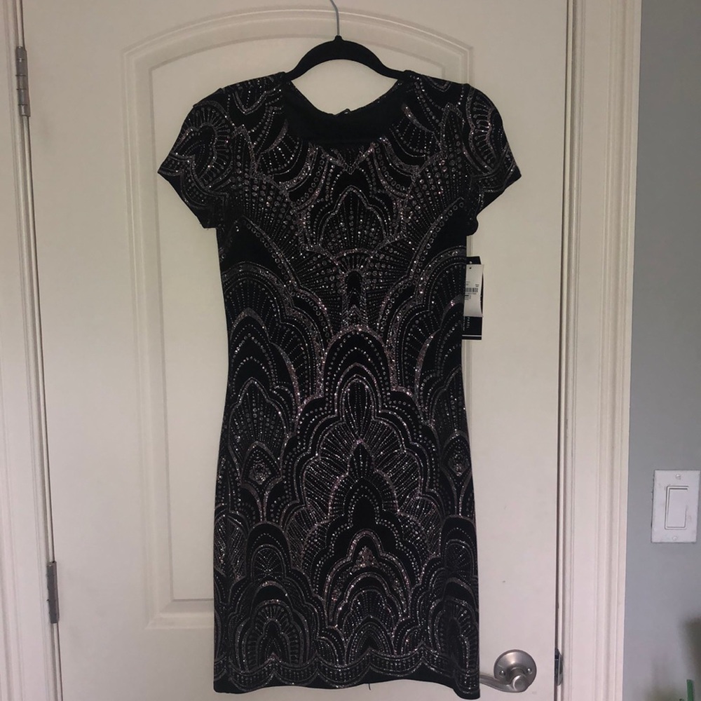 Black and rose gold shimmer cocktail dress